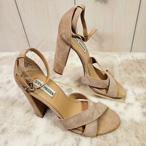 Steve Madden Suede‎ Tan Heels 7M Sarall Open Toes Ankle Straps Office Core Date